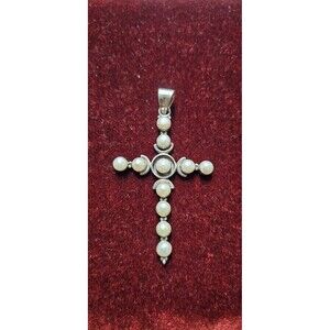 925 STERLING SILVER PEARL CROSS PENDANT W/ WHITE Pearls